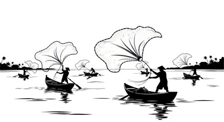 Fishermen on boats casting nets on water, traditional fishing technique, silhouette illustration © rokok