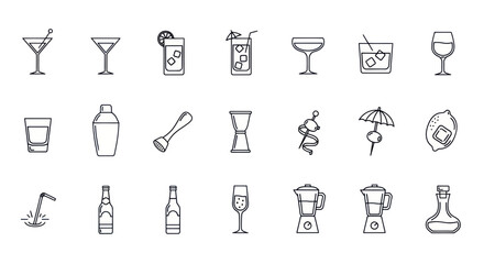 Hand-drawn Cocktail and Bar Icons: Drinks, Shaker, Blender, Glasses, and More © rokok