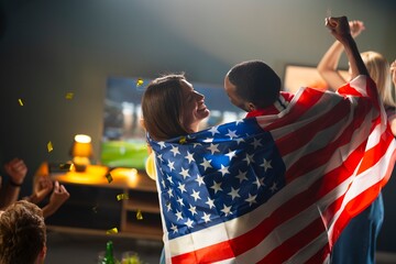 A group of friends enjoys watching a game. They cheer and dance, wrapped in an American flag. Excitement is in the air as they are gathered in a cozy room with dim lighting. © Videophilia