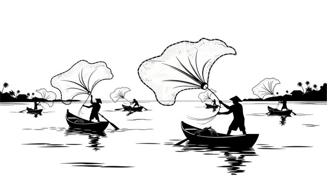 Fishermen on boats casting nets on water, traditional fishing technique, silhouette illustration