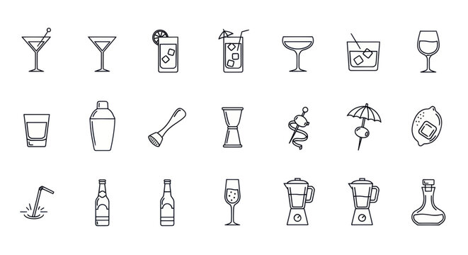 Hand-drawn Cocktail and Bar Icons: Drinks, Shaker, Blender, Glasses, and More