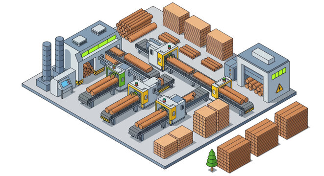 Isometric Wood Processing Factory: Lumber Production Line and Storage