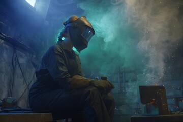 Fototapeta premium Solitary figure in a welding helmet resting within a hazy industrial environment filled with swirling smoke and dim light, depicting the quiet moment of a skilled artisan