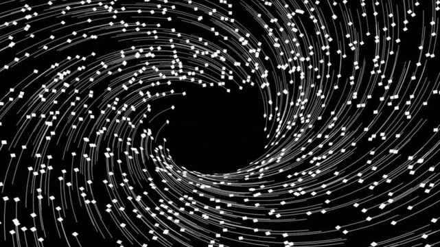 fortex of lines and dots moving into the black hole