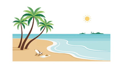 Fototapeta premium FLAT 2d minimalist Minimalist tropical beach scene with palm trees ocean waves and a sun lounger inviting relaxation and vacation vibes Silhouette PNG Isolated on transparent background vector