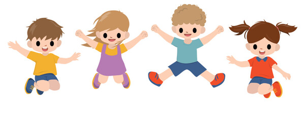 Obraz premium Happy Cartoon Kids Jumping, back to school concept. Cheerful Children Vector illustration. Character Set isolated on white background.