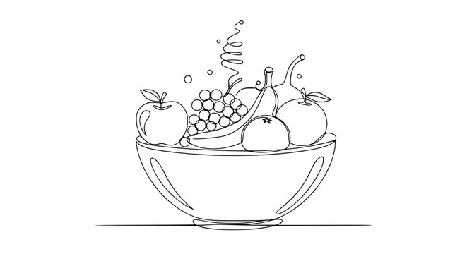 Continuous line drawing of a fruit bowl with apples, bananas, grapes, and oranges, healthy food concept.