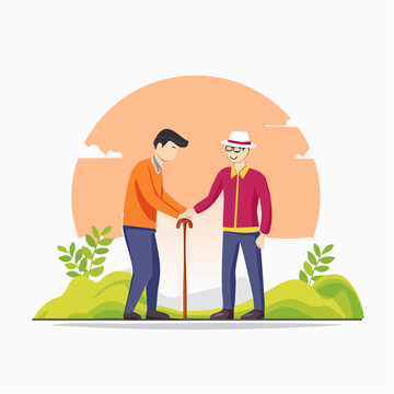 Two men shaking hands with a cane between them