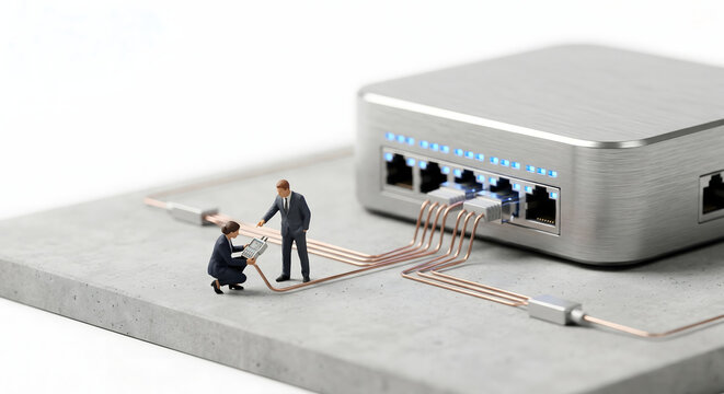 ネットワーク機器のLANケーブル配線や通信接続テストを行うITエンジニアのミニチュア
