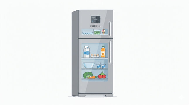 Modern double door refrigerator vector illustration with open transparent display showing fresh food and drinks inside
