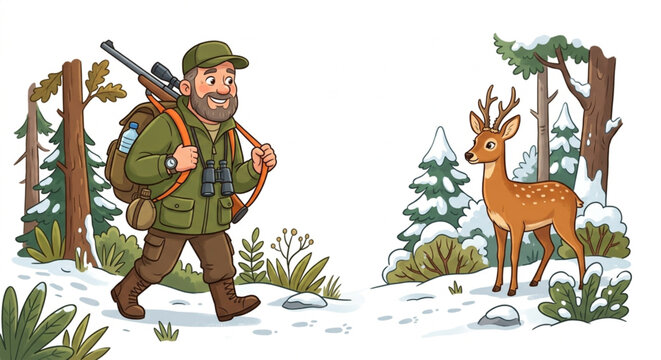 Happy hunter with backpack and rifle walking in winter snowy forest looking at a cute deer cartoon vector illustration