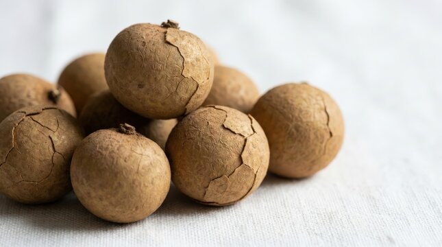 A close up horizontal composition of a cluster of brown longan fruits, with thin and brittle skins detailed in a professional studio macro shot that emphasizes their unique natural round textures.