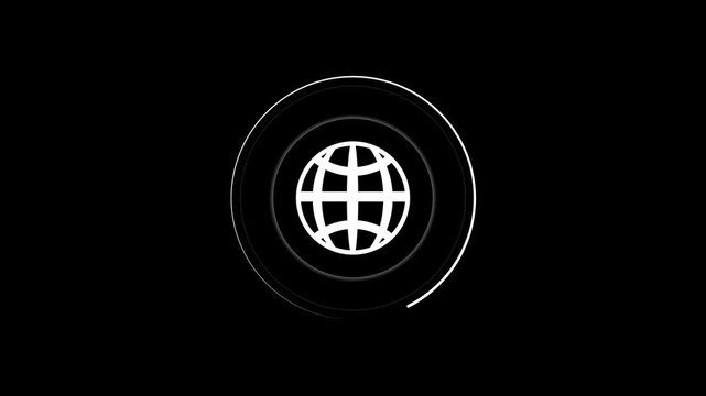 A minimalist white globe with concentric circular rings and subtle shading against a stark black background representing global connectivity and digital networks