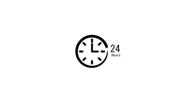A simple black outline of a clock face with hands indicating approximately 1:00 and the text 24 Hours to the right on a clean white background symbolizing continuous service or availability