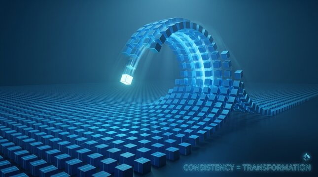 Abstract digital wave of blue cubes representing data flow and technological transformation in a futuristic environment.