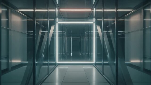 Futuristic glass corridor with square neon light tunnels and geometric steel frame structural design.