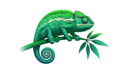 Artistic illustration of a green chameleon sitting on a tree branch isolated on white © semperat