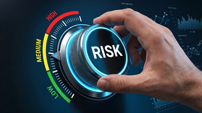 Professional hand turning a glowing risk dial, symbolizing strategic control, business evaluation, and navigating potential challenges in a dynamic environment