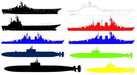 Set of colorful warship and submarine silhouettes, vector illustration © Roni