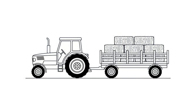 Tractor pulling trailer with hay bales, farm illustration, agricultural vehicle