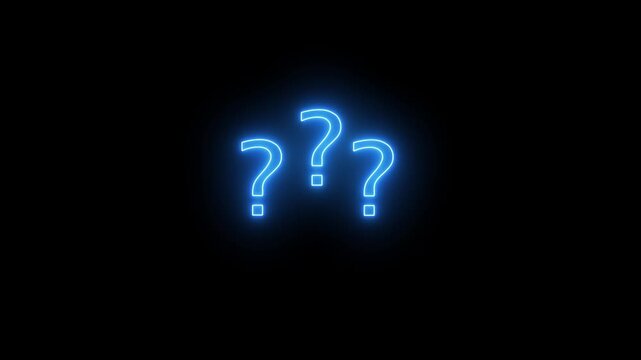 Three bright blue neon question mark symbols glowing intensely against a deep black background symbolizing mystery, confusion, inquiry, or a search for answers