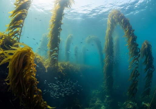 Vibrant green underwater kelp forest standing tall in the deep blue sea highlighting environmental conservation.