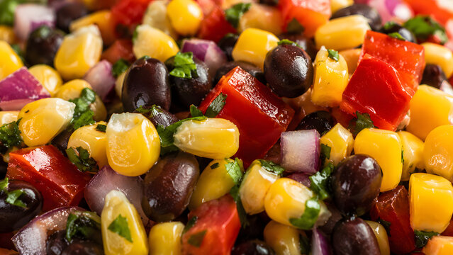 Glossy corn and black bean salsa close up emphasizes rich textures and vibrant ingredient contrast in studio setup