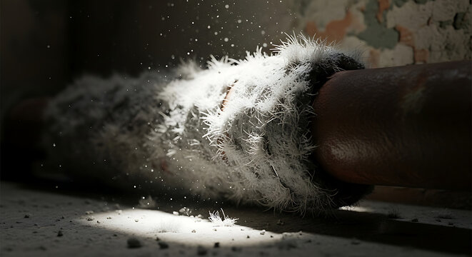 Dangerous asbestos insulation on an old industrial pipe with hazardous fibers and dust floating in the air highlighting severe health risks and remediation needs