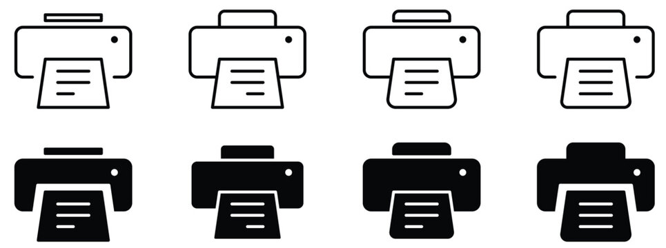 Minimal Printer Icon Set Vector Illustration | Black and White Office Printing Symbols Collection