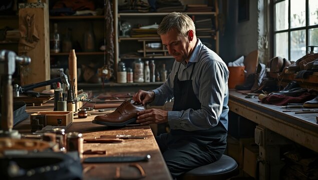 A cobbler is warming the shoe's base to adhere the sole in his workshop.