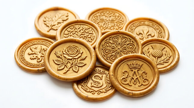 Collection of golden wax seals in circular form with intricate engraved designs including floral heraldic and monogram motifs on white