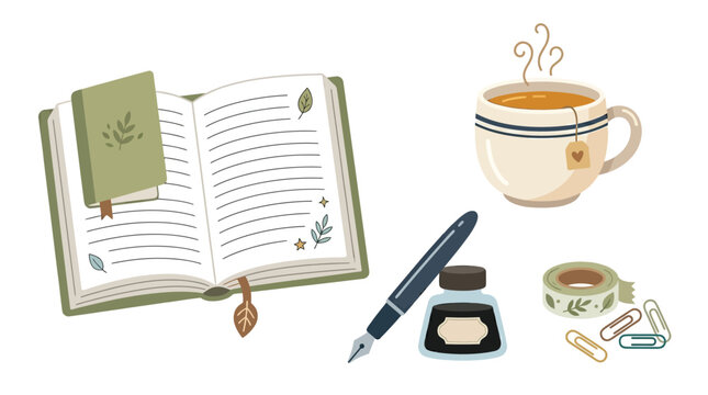 An illustration of journaling and writing essentials including an open book, a cup of tea, a fountain pen, ink, decorative tape, and paper clips.