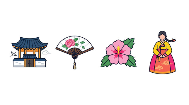 Illustrative depiction of Korean culture featuring a traditional building, a fan, a hibiscus flower, and a woman in Hanbok.
