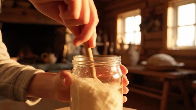 A person stirring a fermented drink in a cozy rustic setting, evoking a sense of homemade tradition and healthy living.