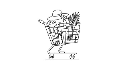 Shopping cart filled with summer beach vacation accessories line art illustration. © alfan fikri