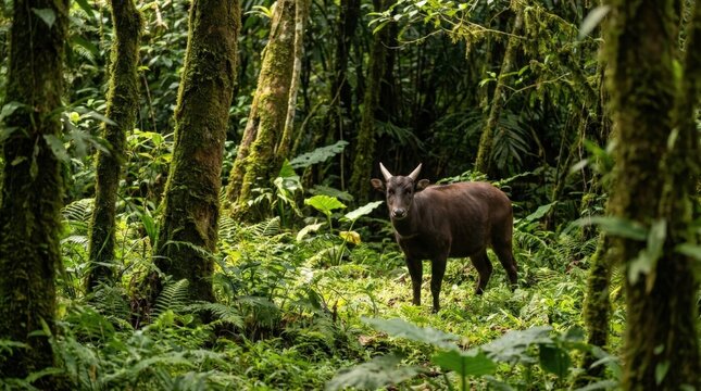 A rare anoa dwarf buffalo stands alert and observant in the heart of a lush green tropical rainforest, capturing the essence of untamed wildlife in a serene cinematic widescreen landscape view.