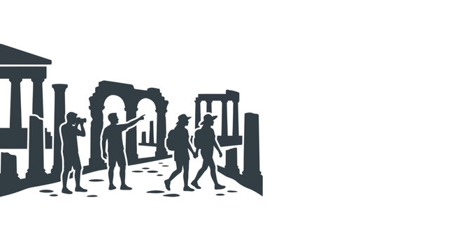 Silhouette illustration of tourists exploring ancient ruins.