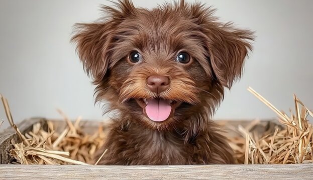 Joyful Brown Puppy Portrait in a Straw Basket with Expressive Face and Neutral Background