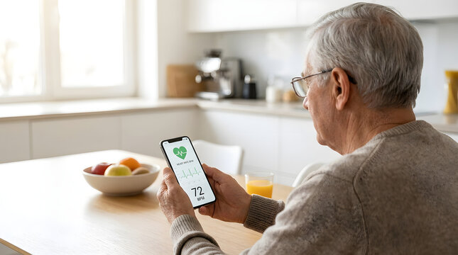 Elderly man checking a professional medical app on a modern smartphone during breakfast in a bright kitchen. - Commercial Stock Image 3