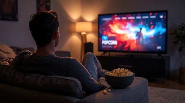 Back view of a man watching a TV with popcorn.