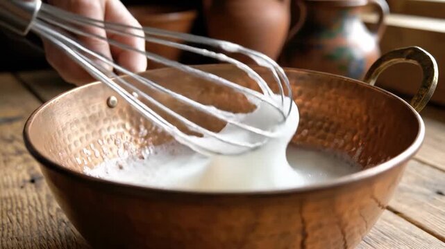 A person whisking a mixture in a copper bowl on a wooden table, with a rustic and cozy atmosphere.