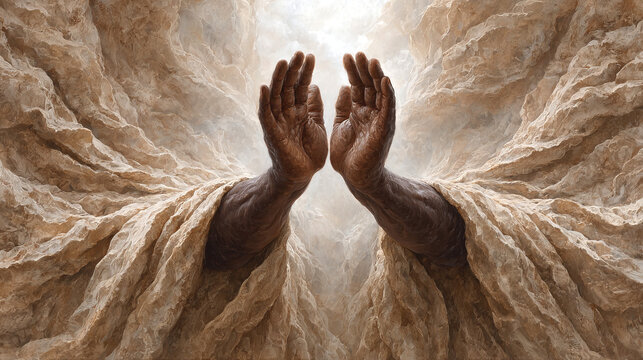 Two hands with dark skin reach upward toward a bright, ethereal light, surrounded by flowing, textured fabric that resembles swirling clouds or stone in neutral beige tones.Spiritual blogs, book cover