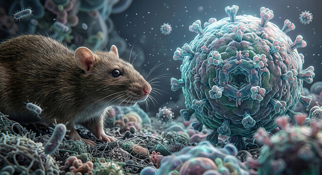 a wild mouse standing next to a massive, detailed hantavirus cell structure, representing zoonotic disease transmission and microscopic health hazards.