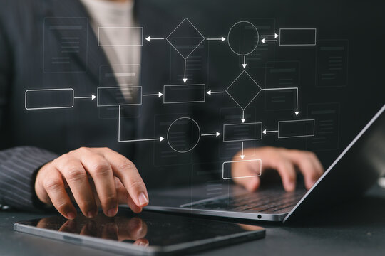 Businessman reviewing digital checklist on laptop, representing quality control, task management, compliance audits, workflow monitoring, and business evaluation processes.