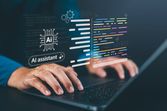 AI coding assistant concept with programmer using laptop, representing machine learning code, artificial intelligence, software development tools, and AI-powered programming.