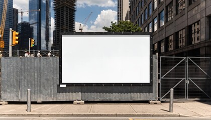 Obraz premium Blank billboard mockup attached to construction fence in busy city area