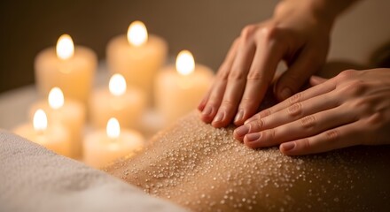 Naklejka premium Spa massage with exfoliating scrub and candles.