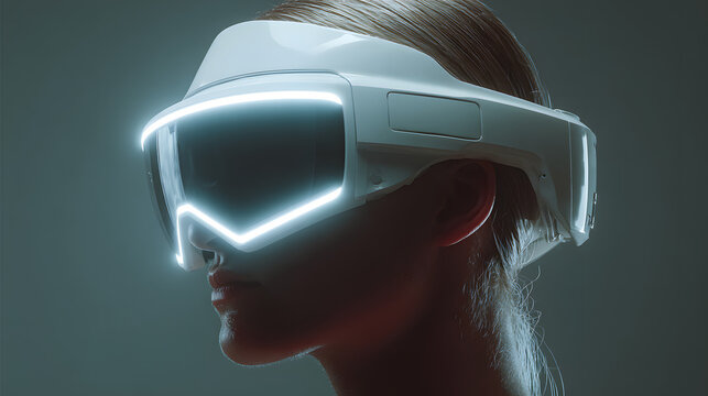 Side Profile View of Model Wearing Brandless Modern White VR Headset with Glowing Blue Neon Light Line for Metaverse and Future Cyber Technology Concept Marketing