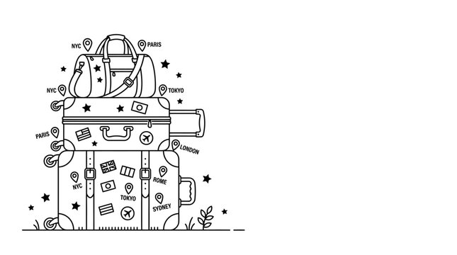 Stack of travel luggage and suitcases in doodle style illustration.
