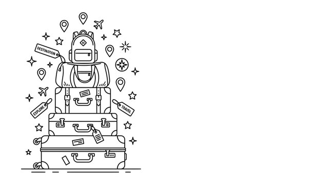 Stack of Travel Suitcases and Backpack with Tourism Symbols.